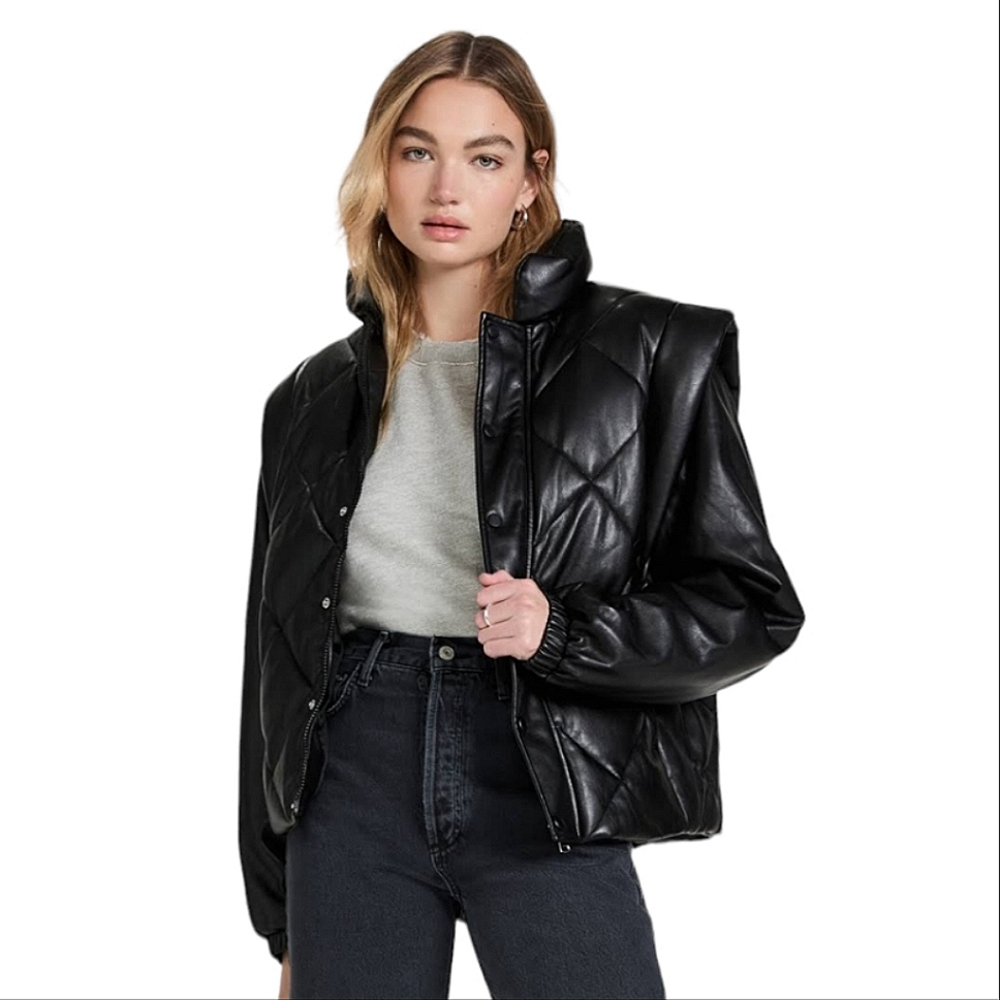 PISTOLA DENIM Quilted Faux Leather Black Long Sleeve Puffer Jacket & Vest